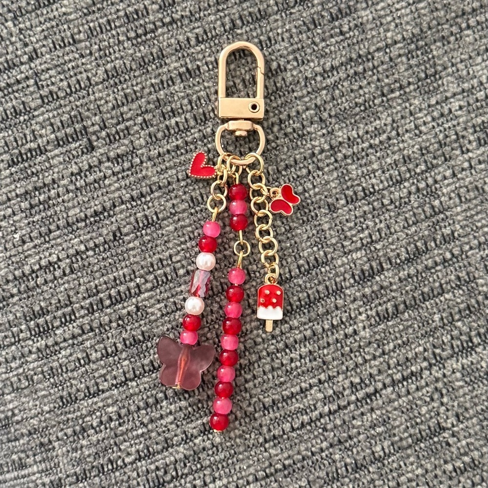 Cute Red Beaded Bag Charm Keychain with Popsicle, Butterfly and Heart Charms